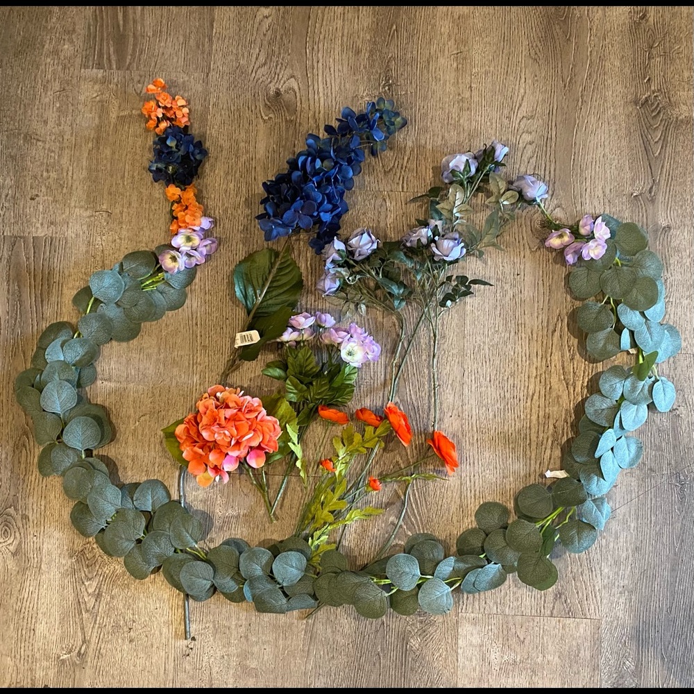 A Bundle of Silk Flowers & a Faux Eucalyptus Vine